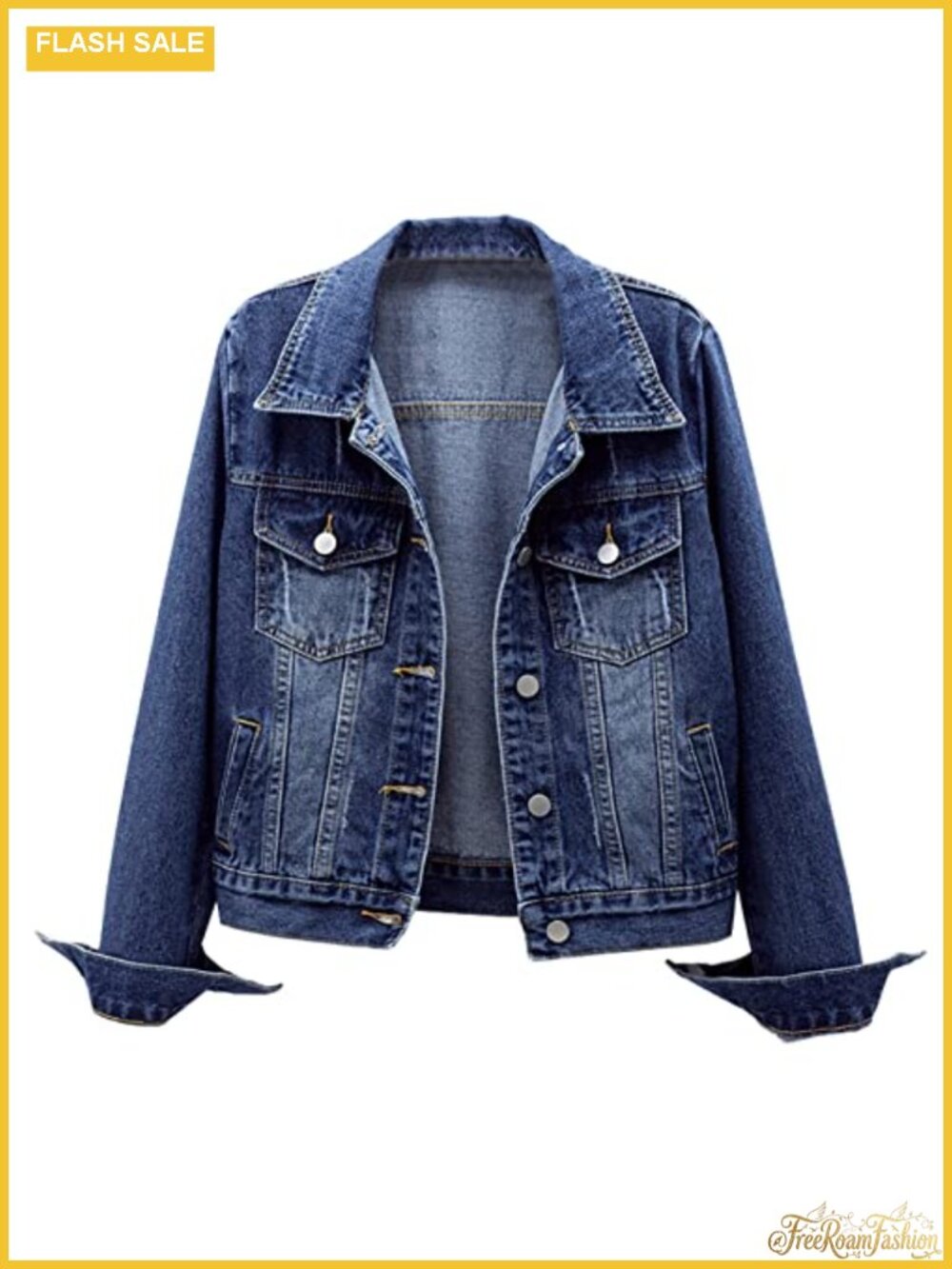 Womens Distressed Denim Jacket Oversized Fitted Button Flap Pockets Long Sleeve